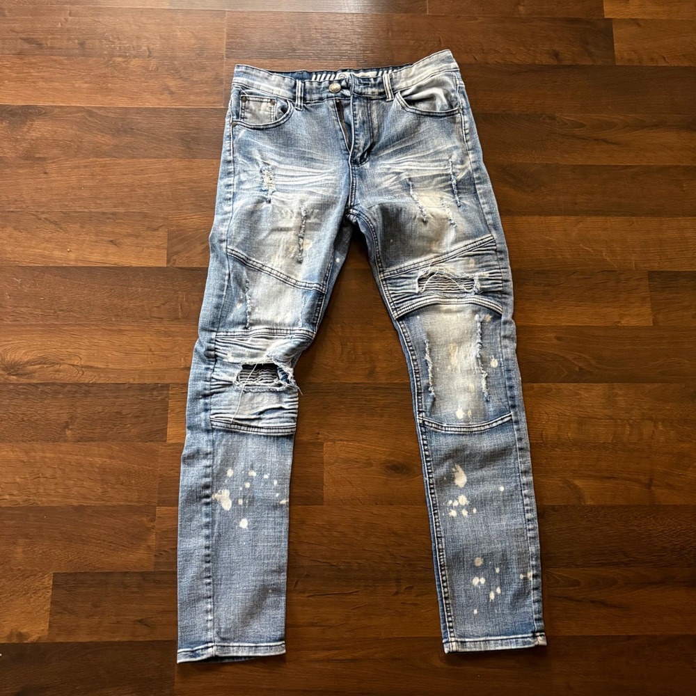 GSTR Mens Distressed Moto Jeans Light Wash Paint Splatter‎ Size 32x31 Biker Gorp